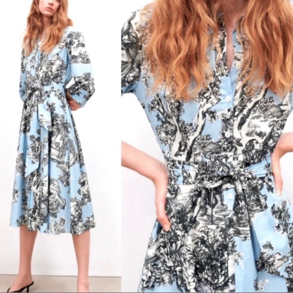 NWT ZARA Blue Antique Toile Button Shirt Midi Dress - Floral - Size Large